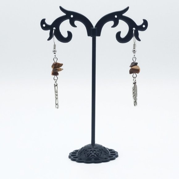 Tigereye Feather Chakra Healing Gemstone Dangle Drop Earrings Handmade - Picture 4 of 6